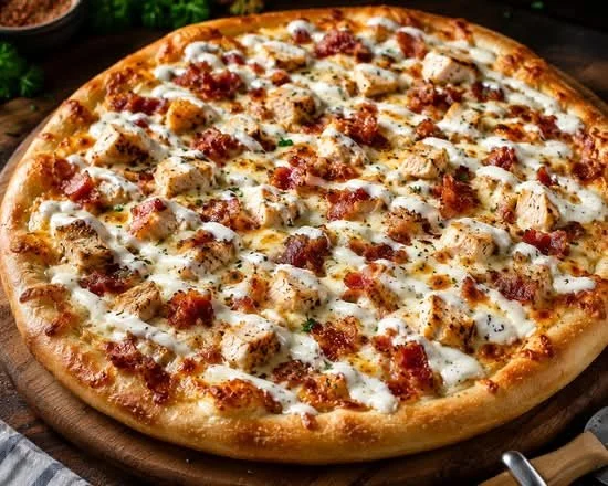 A cheese pizza topped with chicken, bacon, and drizzled with white sauce on a wooden pizza board.