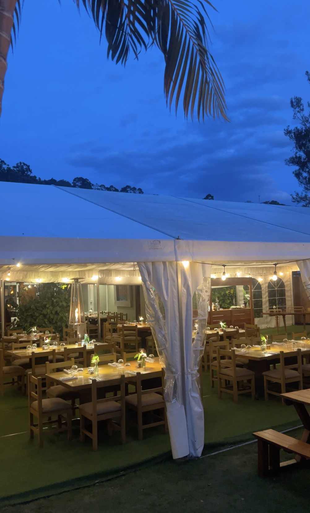 Outdoor dining area under a large white tent with wooden tables, chairs, and string lights, set for an evening event amid a lush green garden, with palm leaves and a blue evening sky in the background.