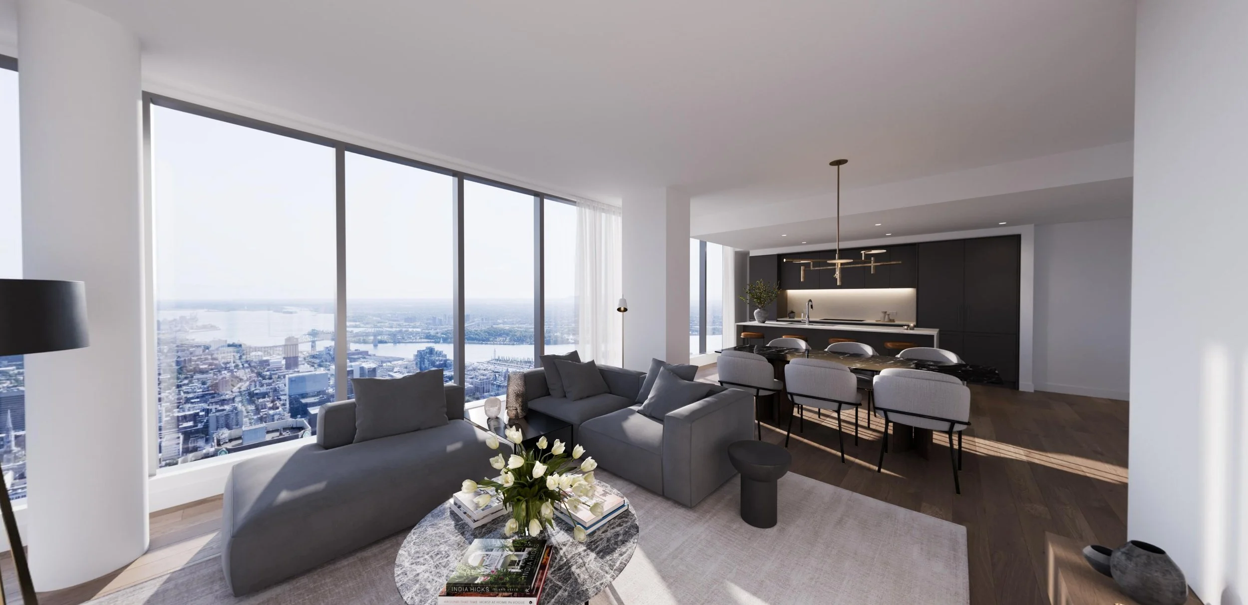 Salon lumineux d’un condo Square Phillips à louer au centre-ville de Montréal avec grandes fenêtres et vue sur la ville
