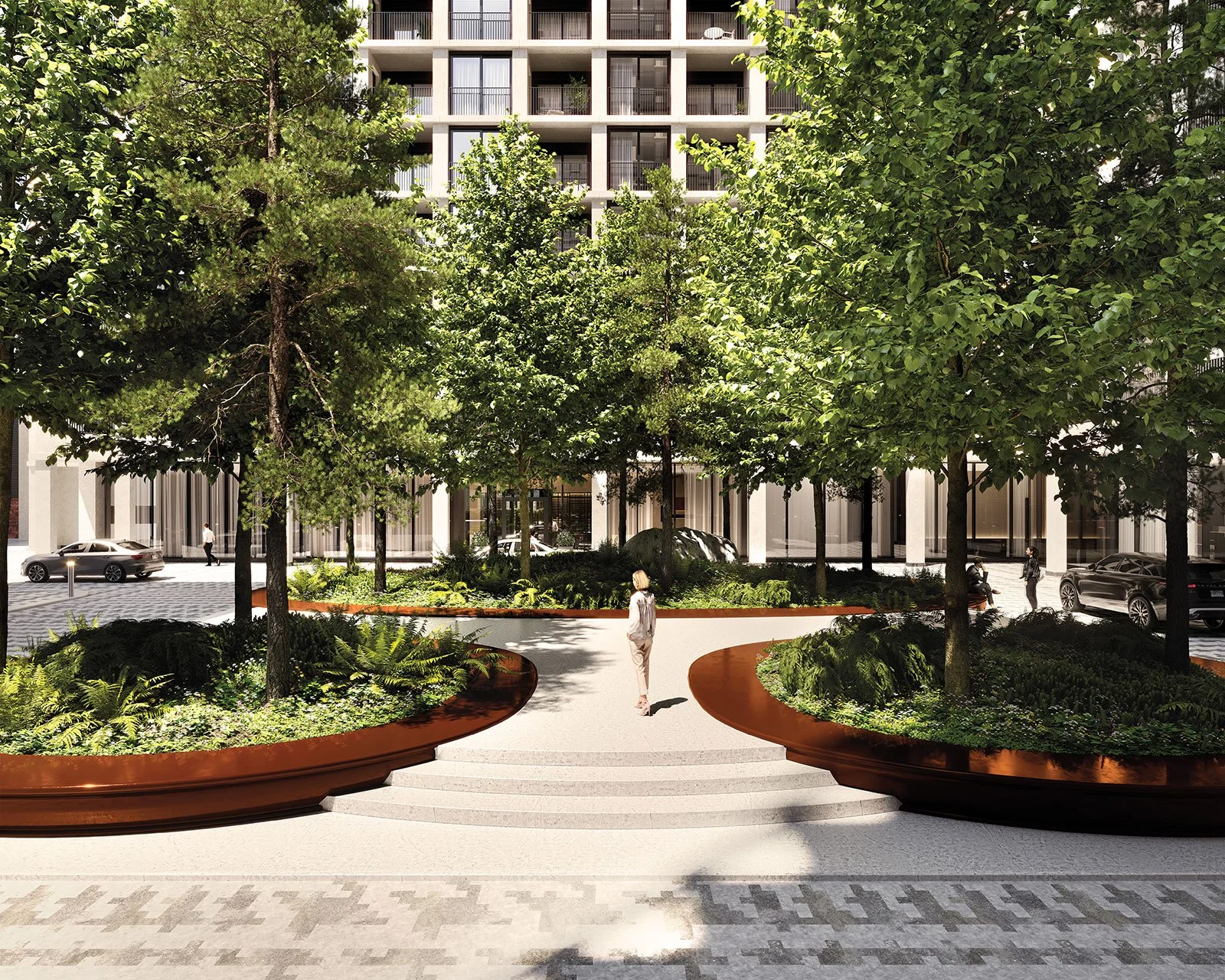 Espace commun extérieur dans la cour intérieure du Square Phillips, résidence de condos à louer au centre-ville de Montréal.