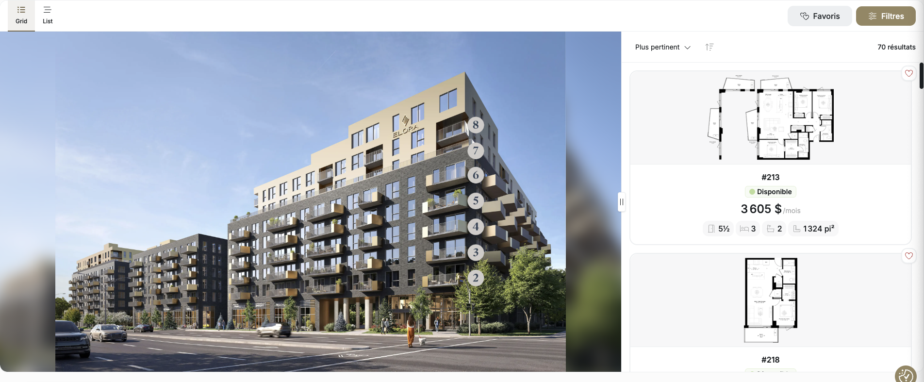 Immeuble résidentiel moderne avec plusieurs étages, balcons, et des arbres en premier plan.