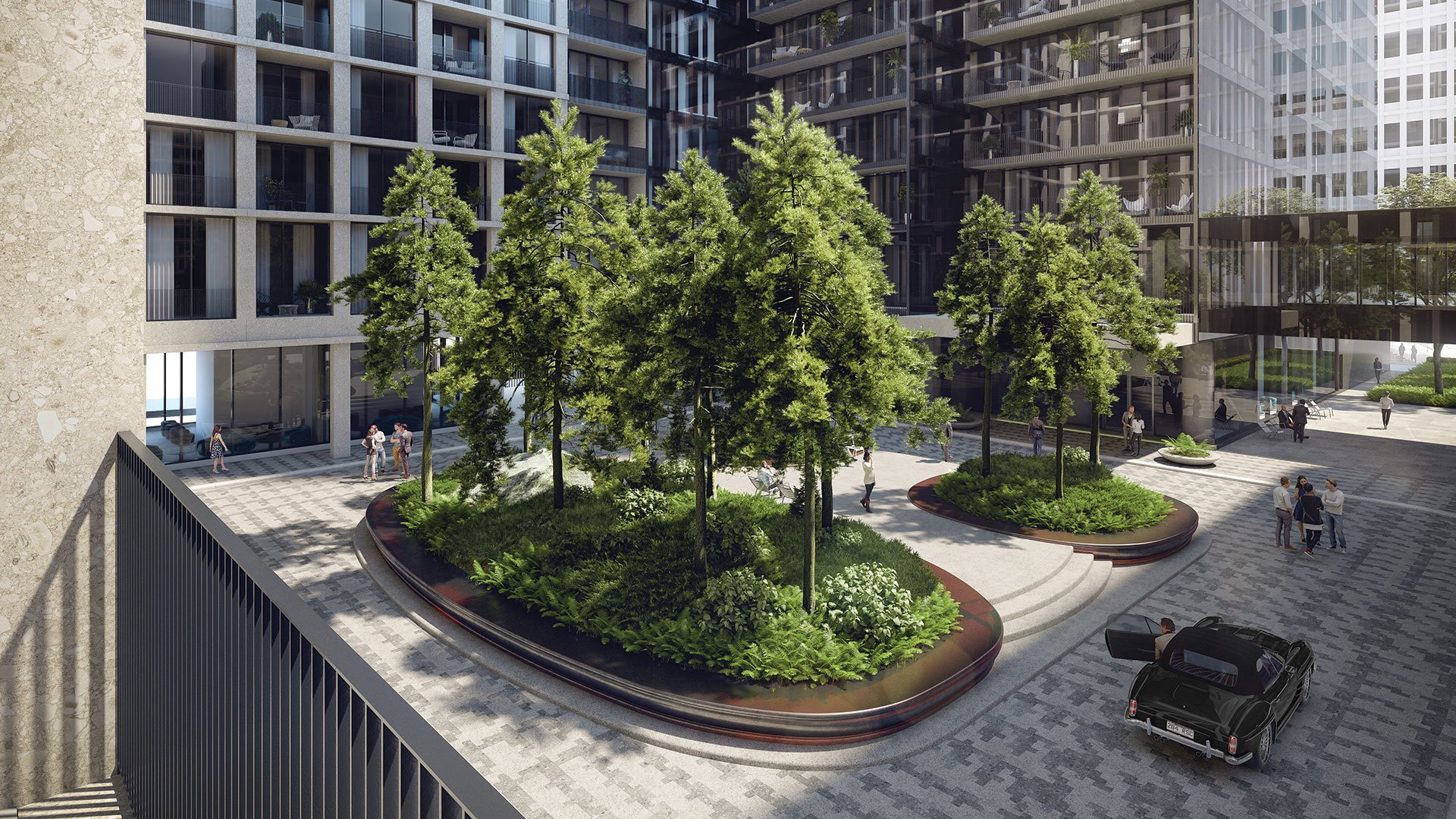 Cour intérieure d'un immeuble moderne avec des arbres verts et des gens qui se rassemblent et se promènent. Des escaliers mènent à l'entrée du bâtiment.