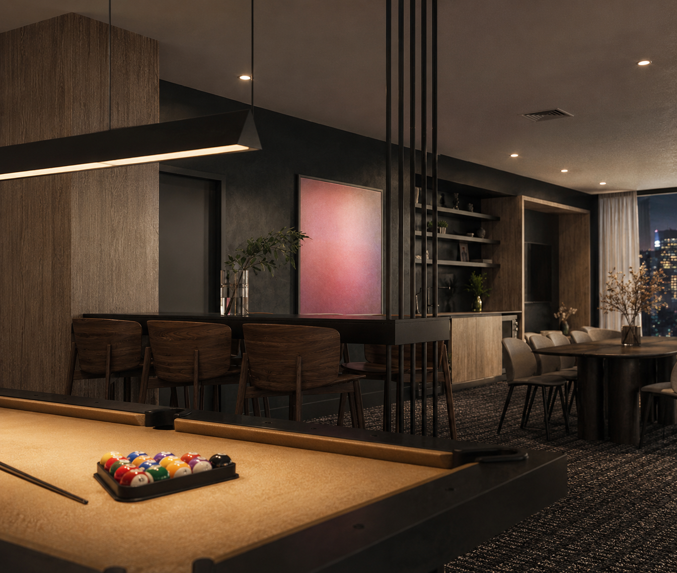 Salle de divertissement haut de gamme au Square Phillips avec billard, espace lounge et zone de détente pour les résidents