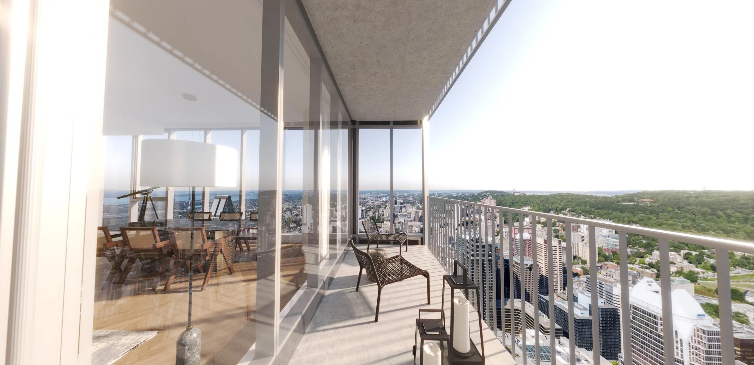 Balcon d’un penthouse Square Phillips à vendre au centre-ville de Montréal avec vue panoramique sur la ville et le mont Royal