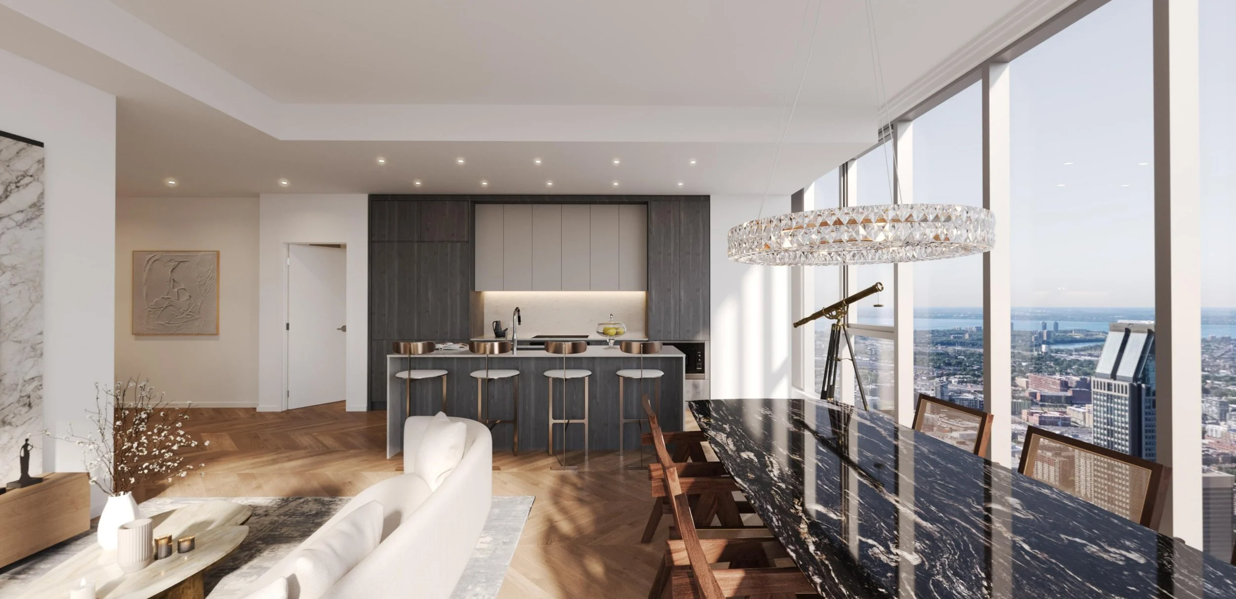 Cuisine de condo Square Phillips à louer au centre-ville de Montréal avec grandes fenêtres et vue dégagée sur la ville