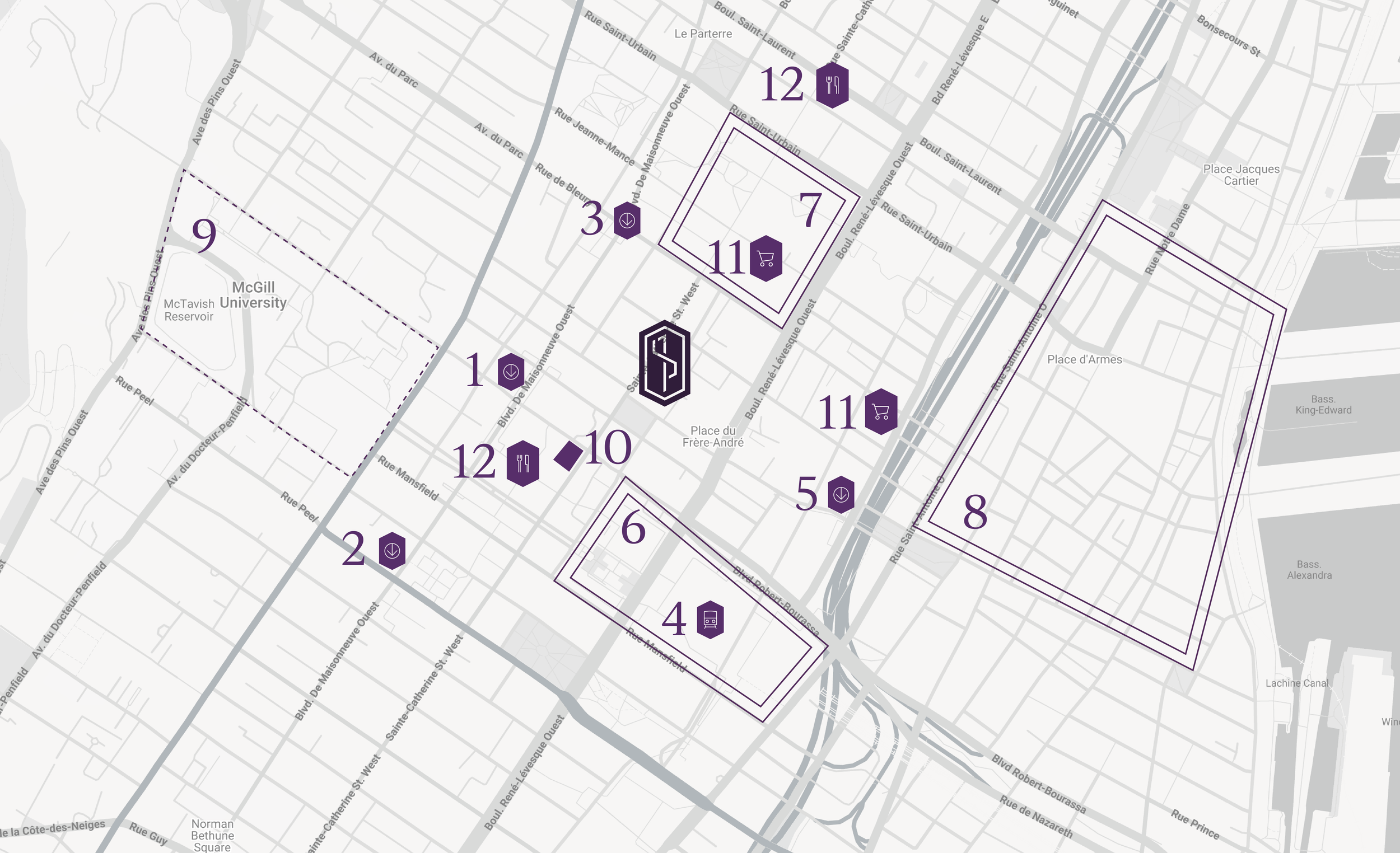 Carte du quartier Square Phillips au centre-ville de Montréal, à proximité du métro, des commerces, restaurants et principales attractions