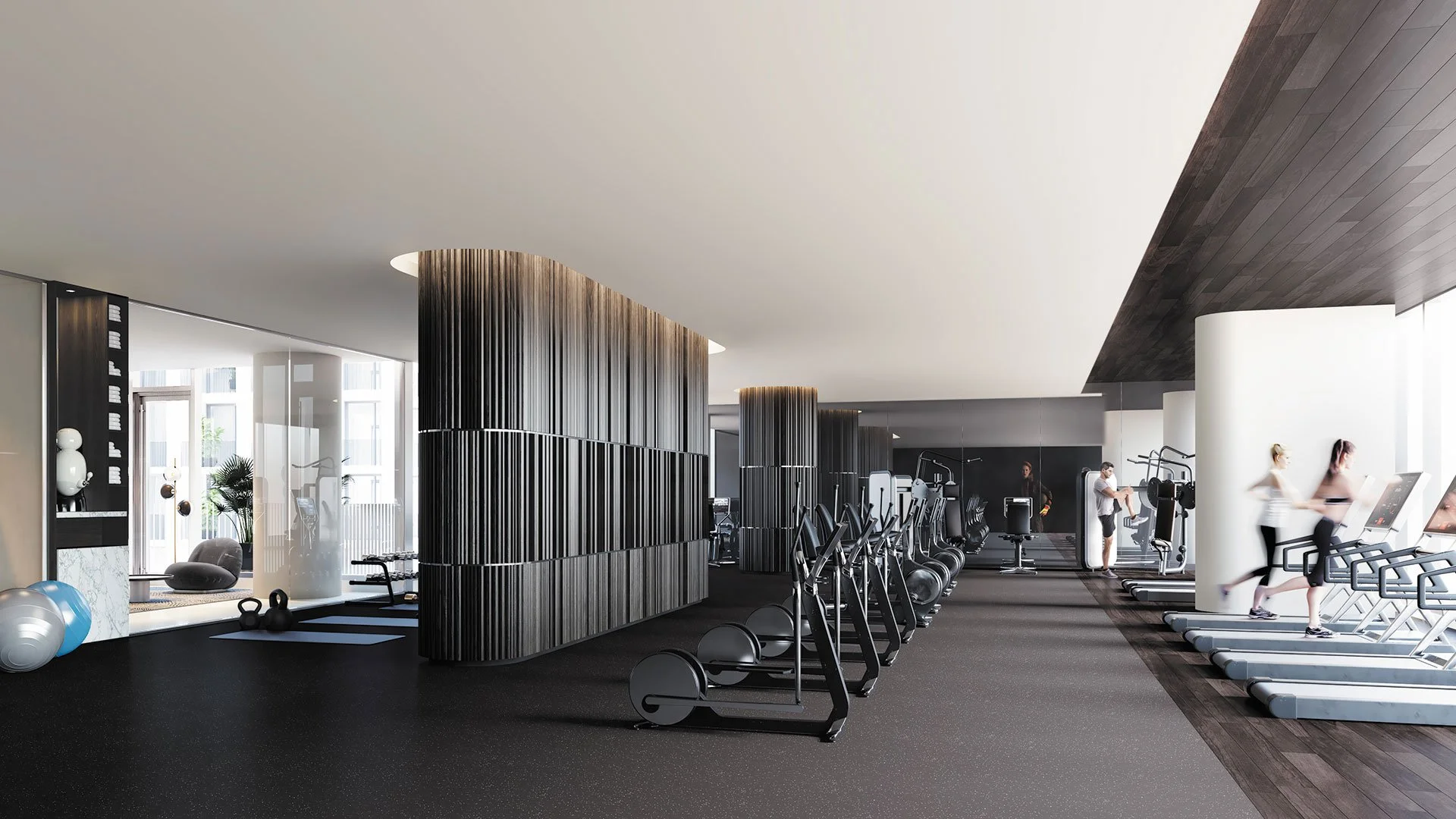 Salle de sport moderne avec des appareils de cardio et de musculation, fenêtres laissant entrer la lumière, et des personnes utilisant les équipements.