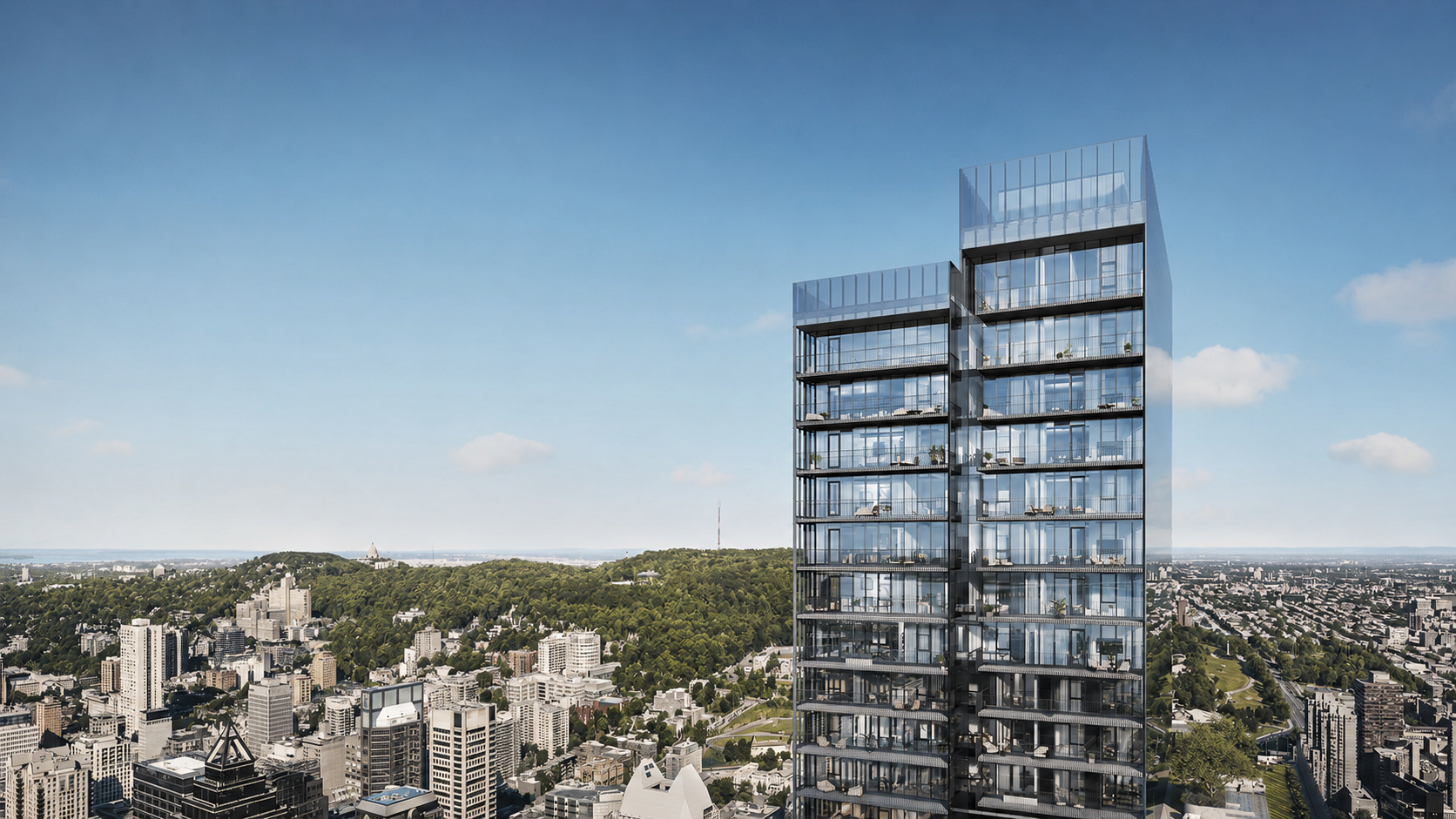 Vue depuis les hauteurs de Square Phillips sur le centre-ville de Montréal et le mont Royal