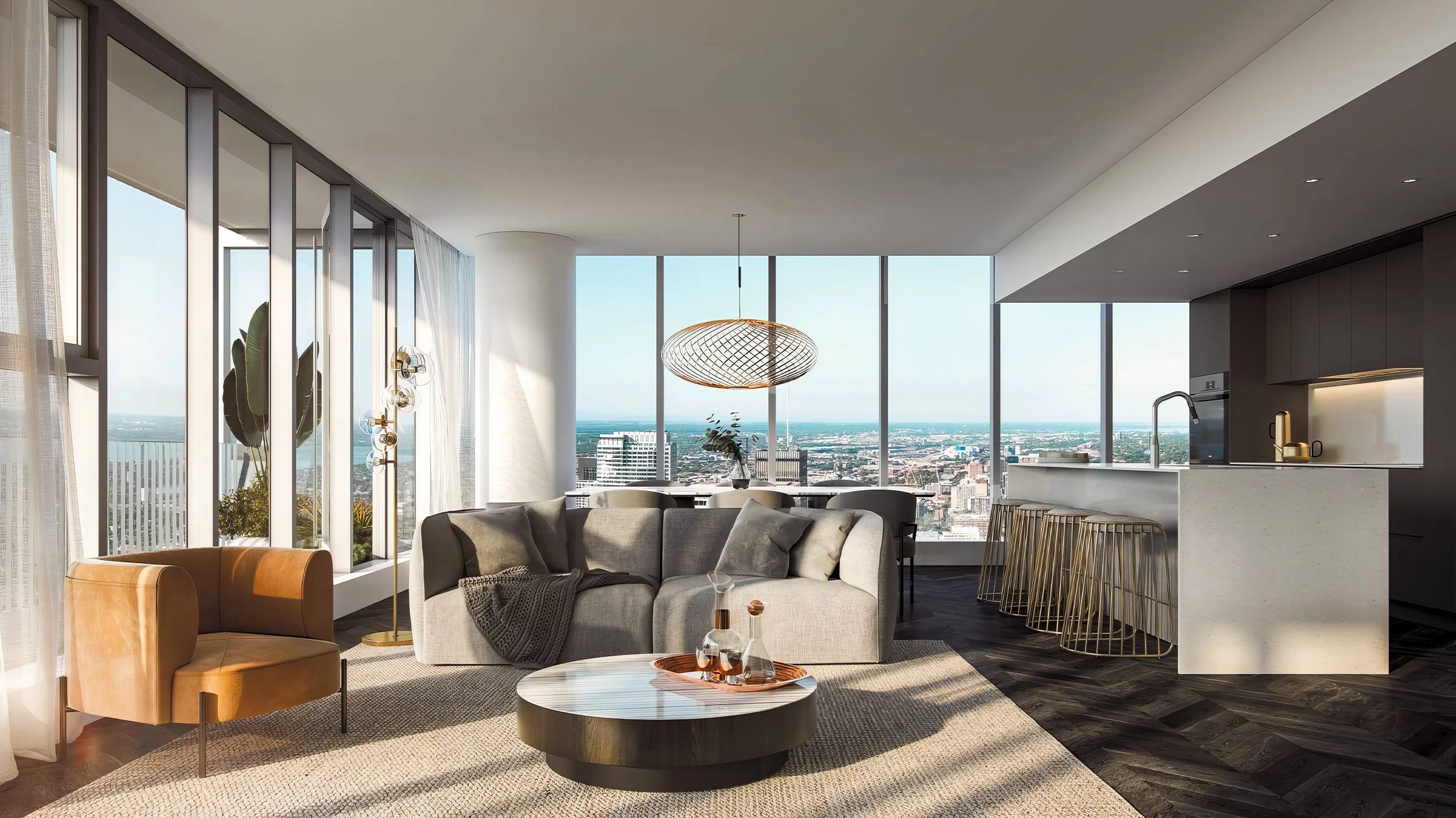 Salon haut de gamme de la Belvedere Collection à Square Phillips avec grandes fenêtres et vue sur Montréal