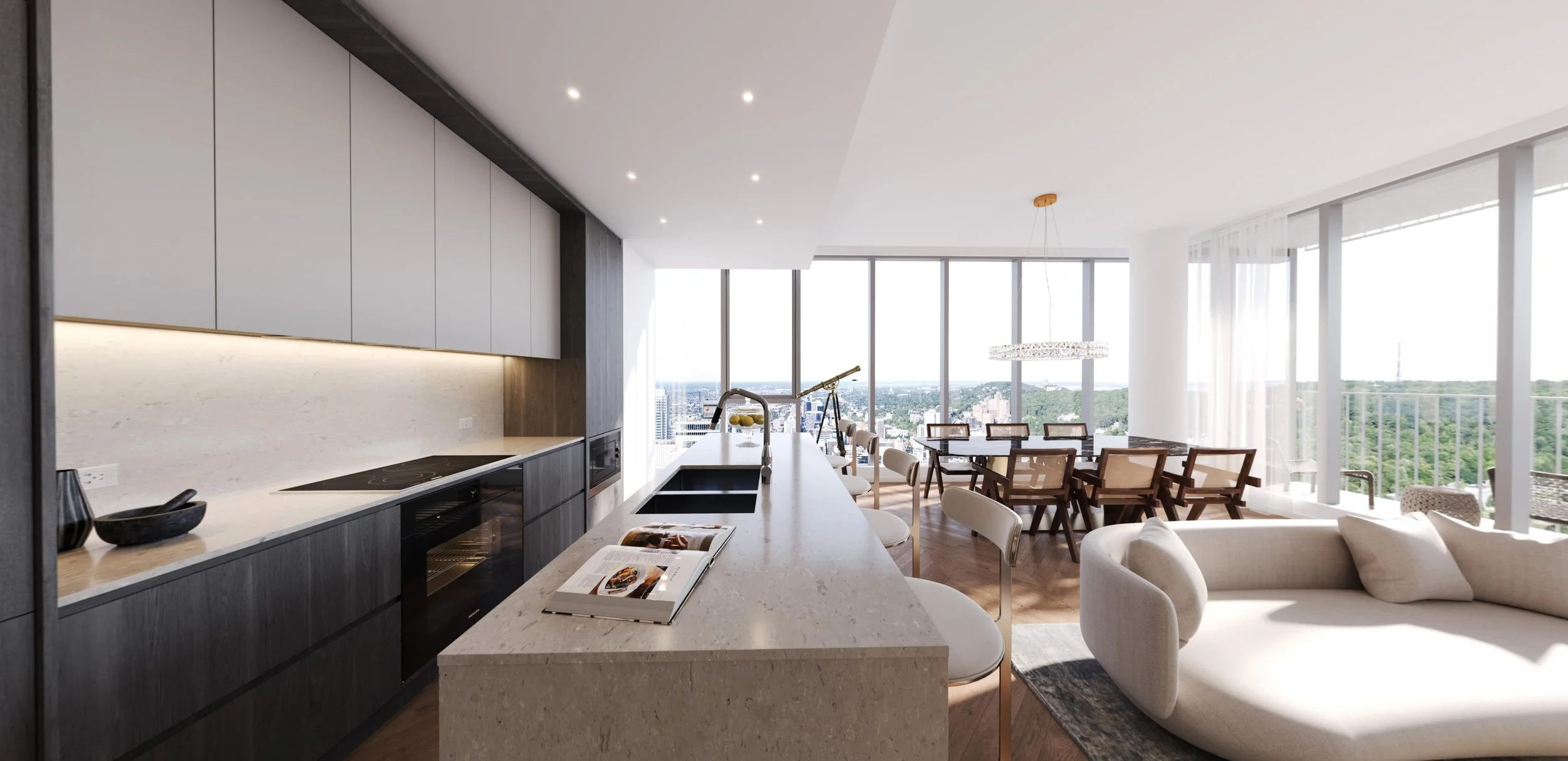 Cuisine haut de gamme entièrement équipée d’un penthouse Square Phillips à vendre, avec îlot en marbre et grandes fenêtres au centre-ville de Montréal