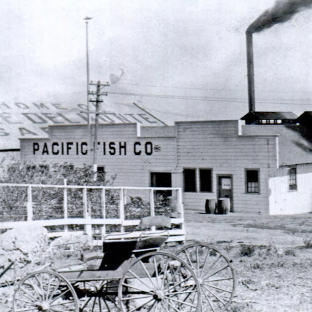 An old black and white photograph of a building with the sign 'Pacific Fish Co.' and a smokestack emitting smoke in the background. The scene includes a wooden wagon in the foreground and utility poles.