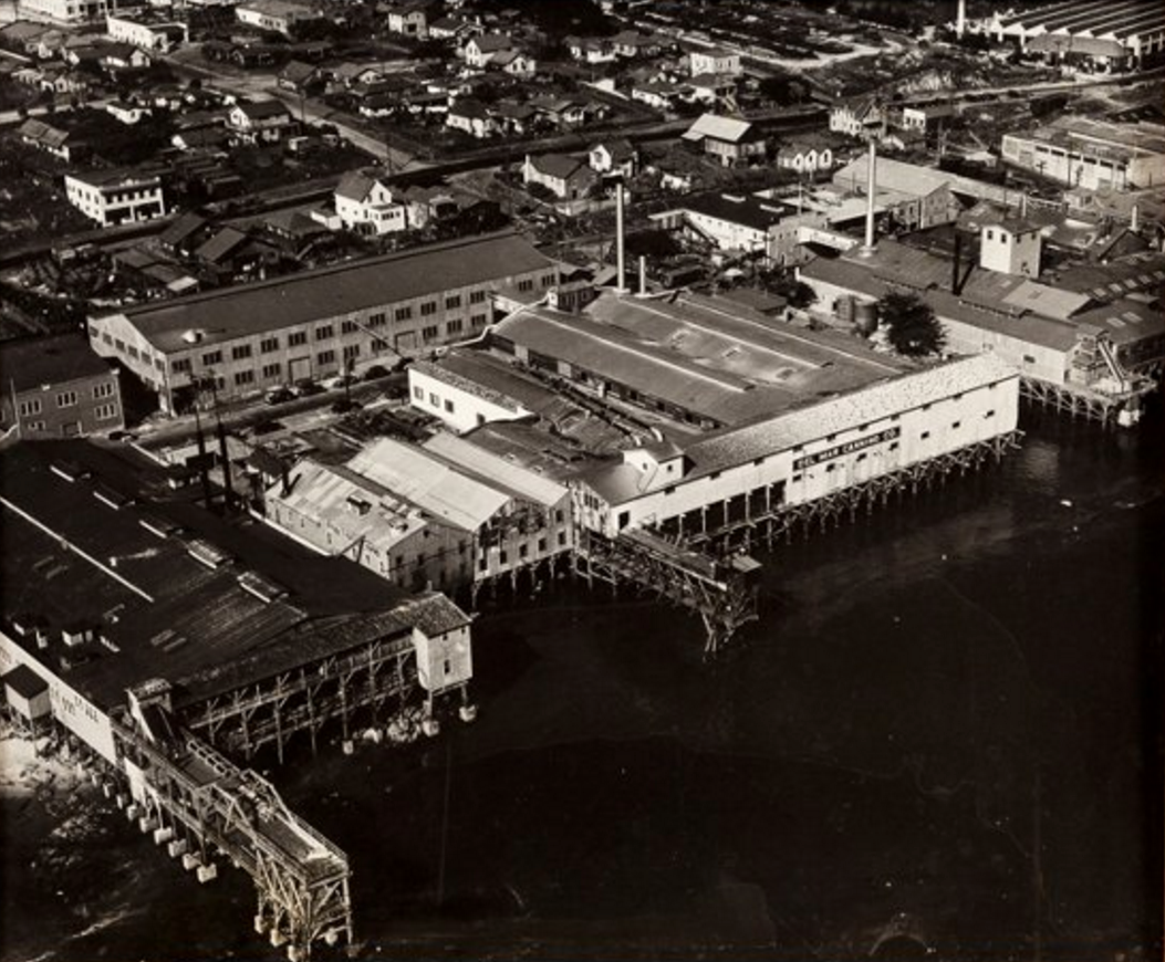 Aerial black and white photo of a waterfront industrial area with stilted buildings, warehouses, and a dock.