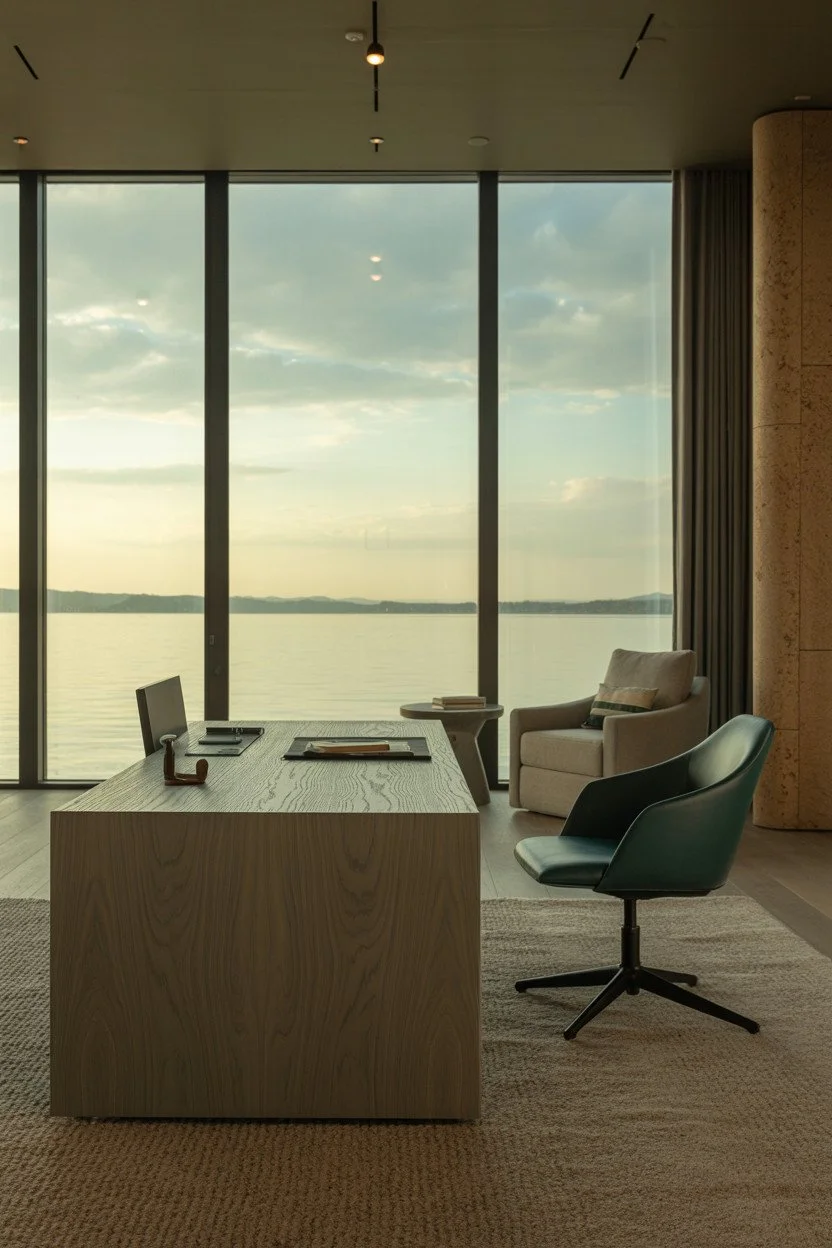 Office with large floor-to-ceiling windows overlooking a body of water, a wooden desk, a black swivel chair, a beige armchair with a pillow, and a side table with books.