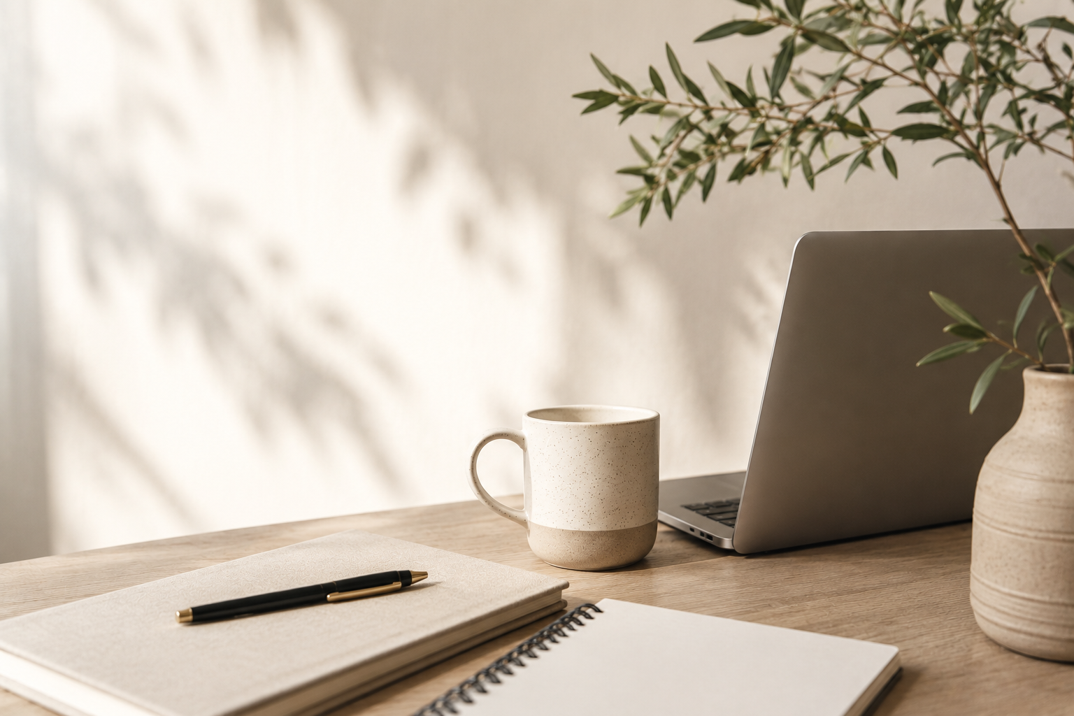 A desk with a closed notebook and a pen, a ceramic mug, a laptop, and a potted plant on the right side, with sunlight casting shadows on the wall.