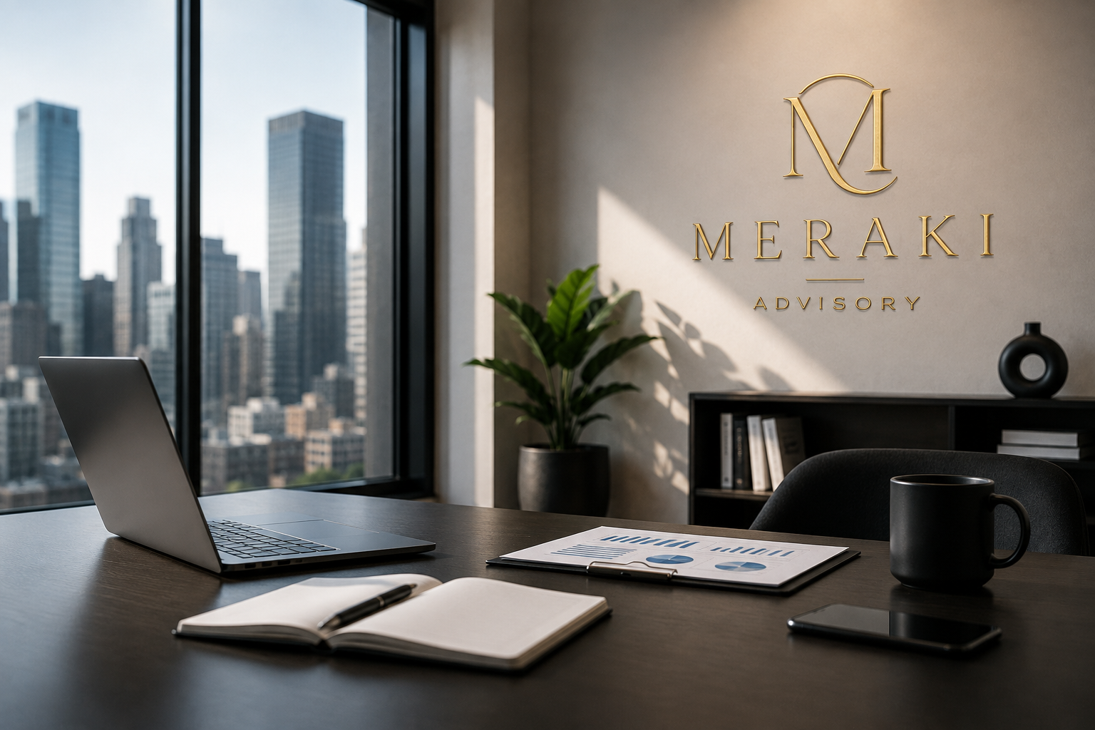 Modern office desk with open laptop, notebook, pen, printed charts, black coffee mug, and smartphone. Large window with a cityscape of tall buildings in the background. Wall with 'Meraki Advisory' logo and a potted plant.