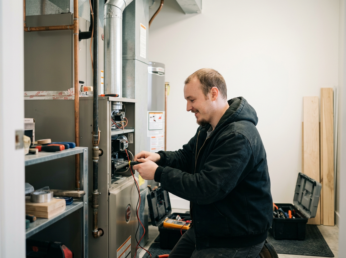 HVAC technician (Jon) working on residential furnace