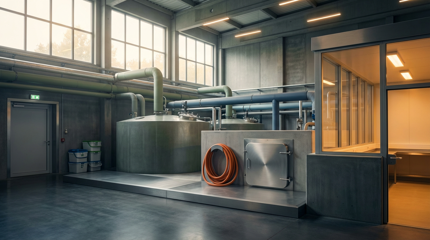 Industrial brewing or processing equipment inside a modern facility with large windows, tanks, pipes, and a hose.