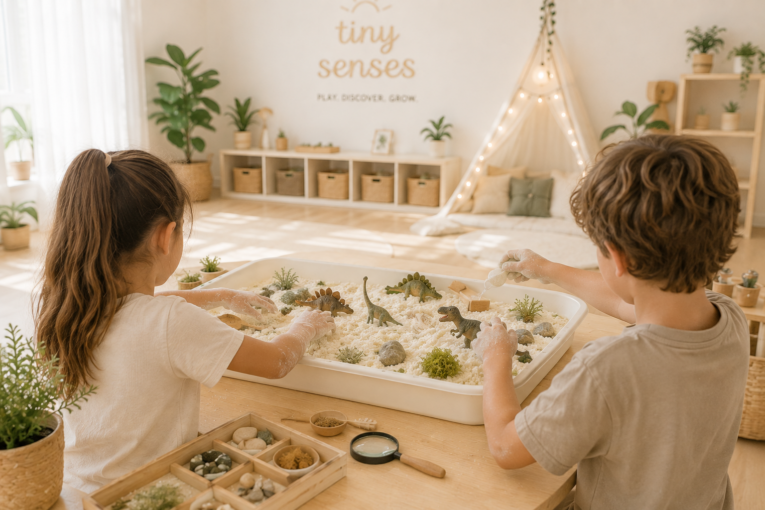 Zwei Schulkinder gestalten eine detailreiche Dinosaurier-Landschaft mit formbaren Materialien, Natur­elementen und Figuren und verbinden dabei kreatives Bauen mit spielerischem Entdecken.