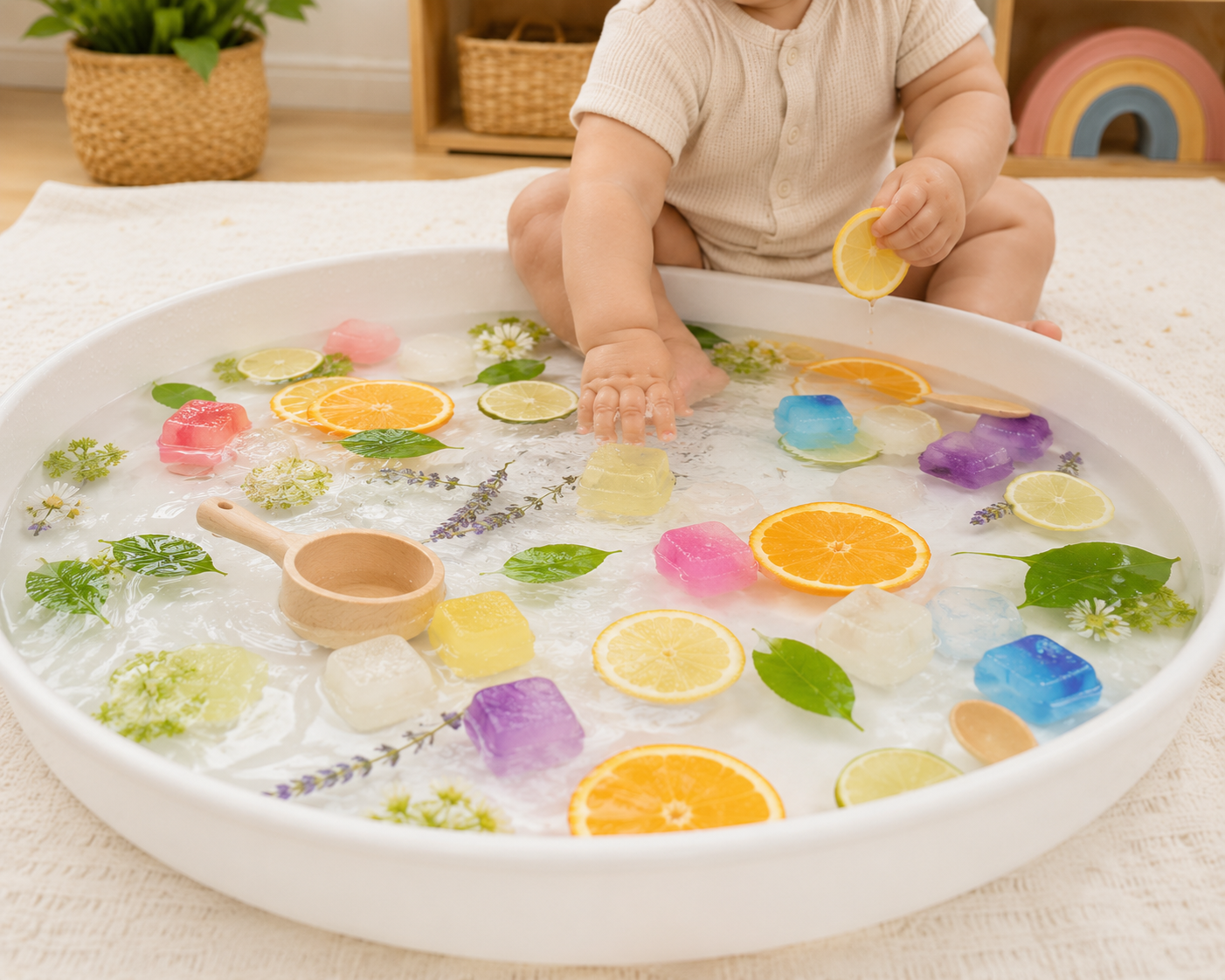 Baby entdeckt in der Tiny Senses Plansch-Zone Wasser, Zitrusfrüchte, bunte Eiswürfel und Naturmaterialien beim sensorischen Spielen und Erkunden.
