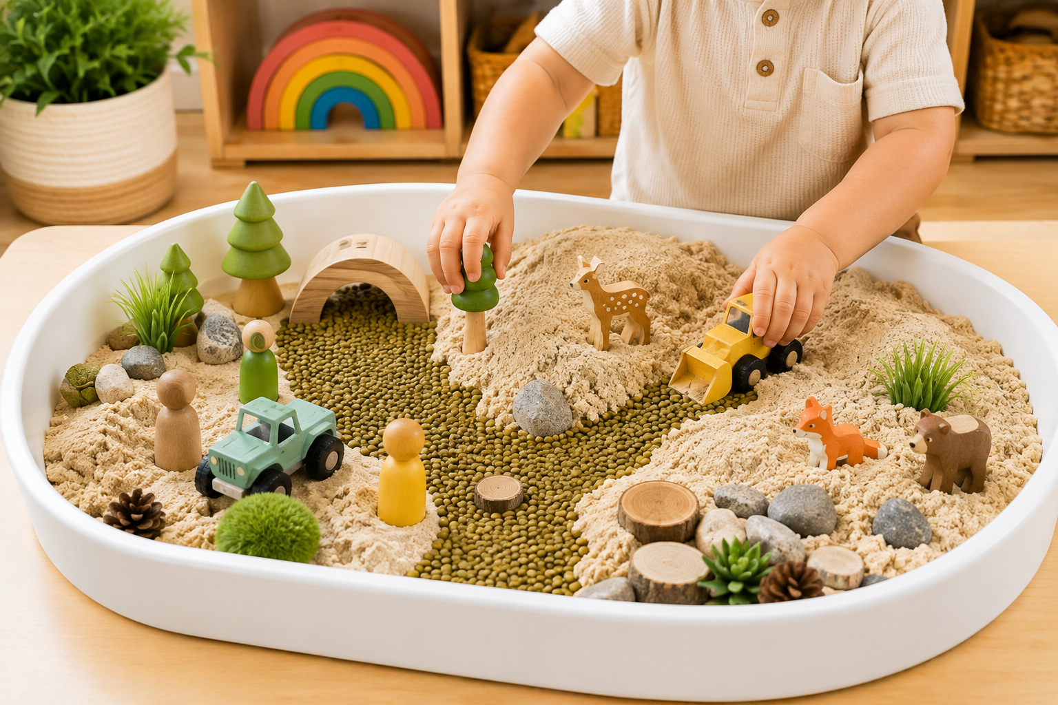 Kleinkind entdeckt eine sensorische Spielwelt mit kinetischem Sand, Linsen, Waldtieren, Fahrzeugen und Holzfiguren beim Tiny Senses Workshop.