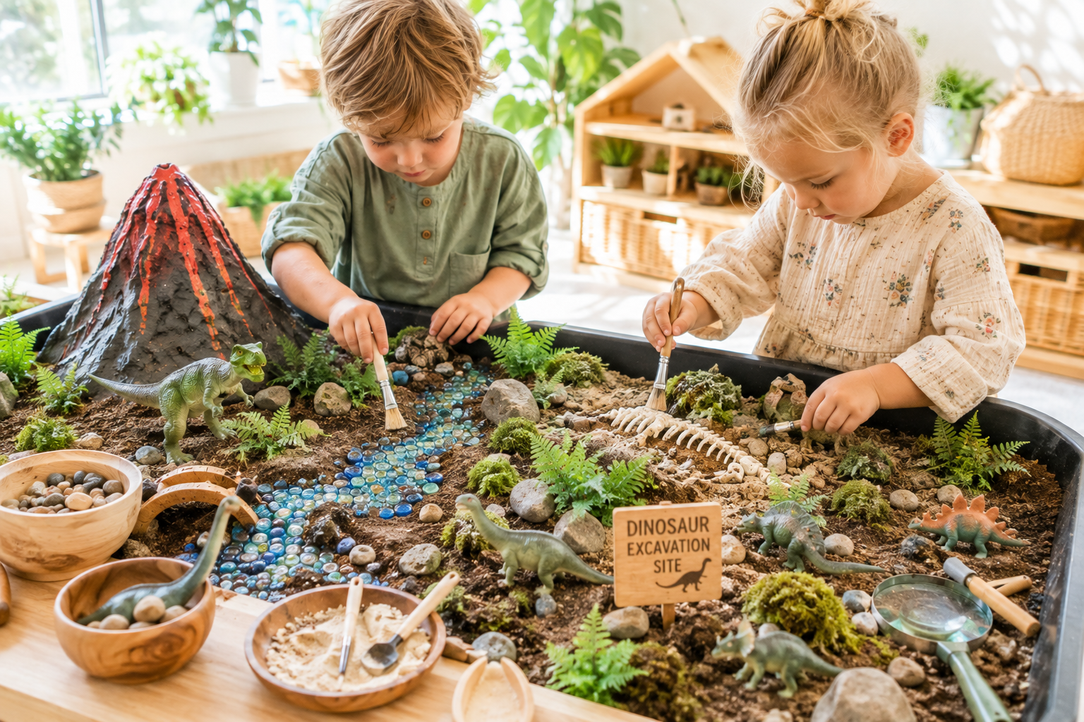 Kinder gestalten beim Tiny Senses Workshop fantasievolle Miniaturwelten mit Knete, Naturmaterialien und Figuren und fördern dabei Kreativität, Rollenspiel und Sprache.
