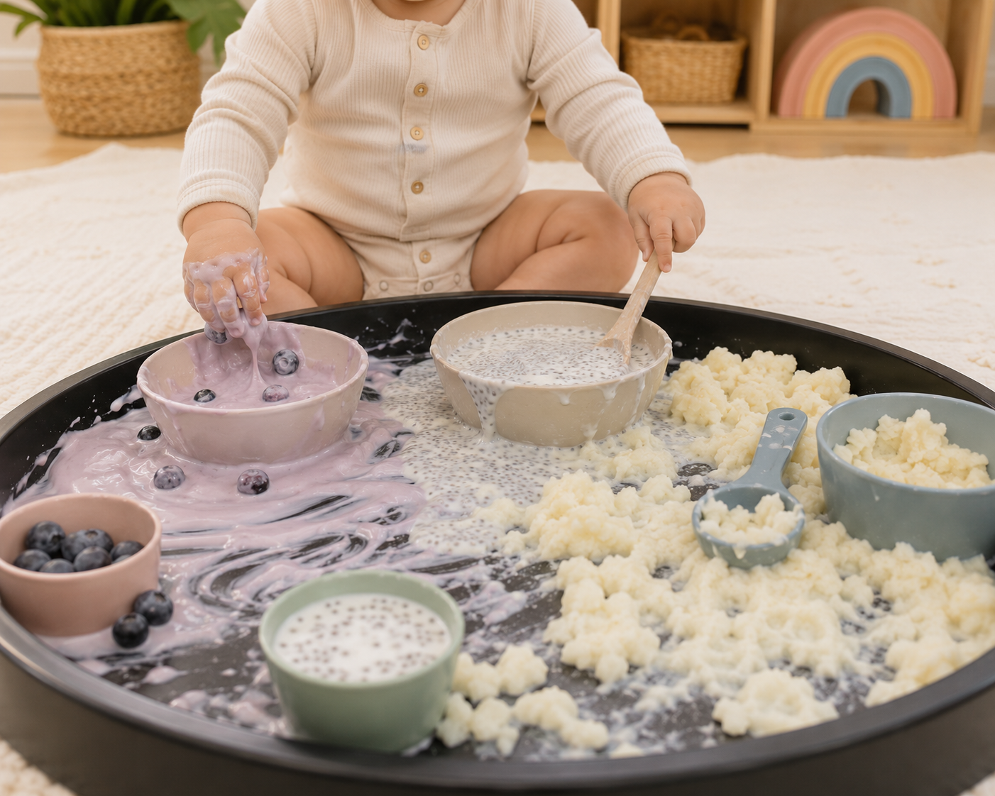 Baby entdeckt im Tiny Senses Matsch-Labor taste-safe Sensory Play mit Joghurt, Chia-Samen und weichen essbaren Texturen zum Matschen, Fühlen und Erkunden.