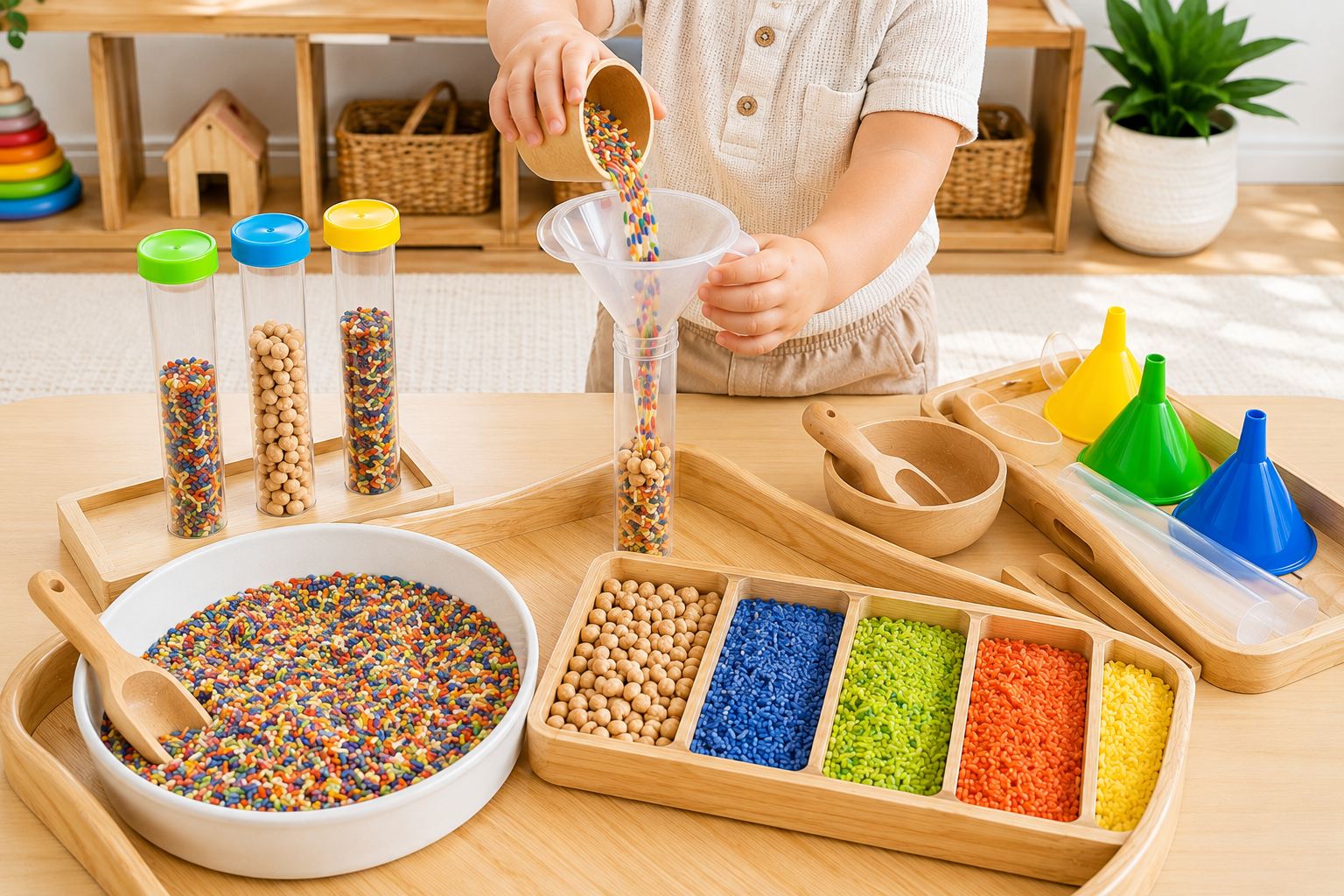 Kleinkind beim Schütten, Füllen und Sortieren mit buntem Reis, Kichererbsen, Trichtern und Röhren in der Schütt-Werkstatt von Tiny Senses.