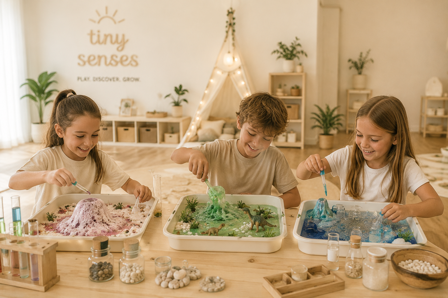 Schulkinder experimentieren im Chemie-Labor mit bunten Flüssigkeiten, Pipetten, Reagenzgläsern und sprudelnden Reaktionen und entdecken spielerisch erste naturwissenschaftliche Zusammenhänge.