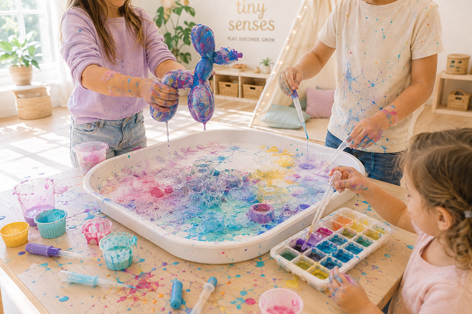 Kinder experimentieren gemeinsam mit buntem Eis, Farben und Pipetten und erleben kreativen Forscherspass bei einem abwechslungsreichen Tiny Senses Ferienworkshop.