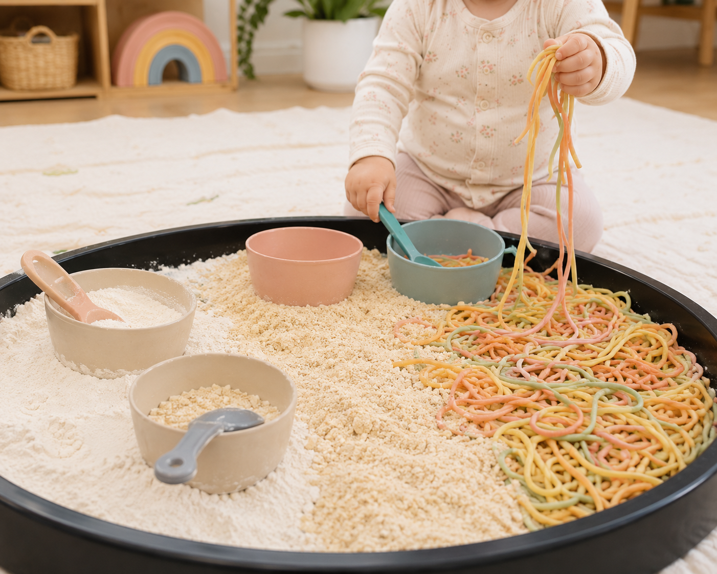 Baby entdeckt bei der Tiny Senses Schütt-Oase taste-safe Sensory Play mit bunten Spaghetti und feinen Texturen zum Greifen, Schöpfen und Erkunden.