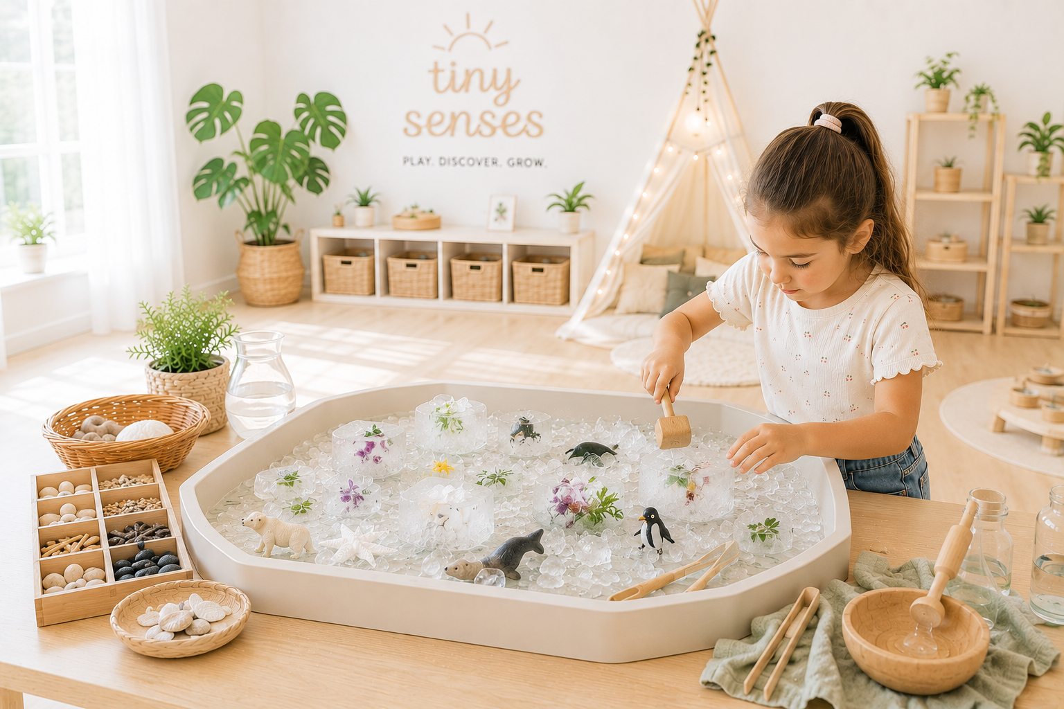 Ein Schulkind erforscht eine Eislandschaft mit eingefrorenen Tieren und Naturmaterialien und nutzt Werkzeuge und Wasser, um die Eisblöcke zu untersuchen und Objekte daraus zu befreien.