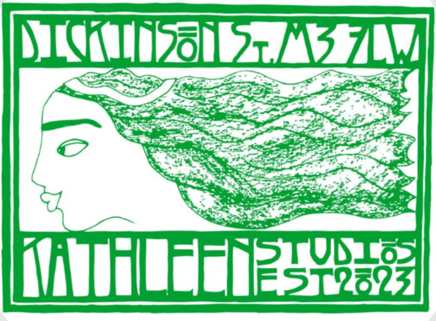 The Kathleen Studios logo - A Green and white graphic design featuring a stylized woman's profile with flowing hair and text that reads "Dickinson St M3 7LW" and "Katherine Studio EST 2023".