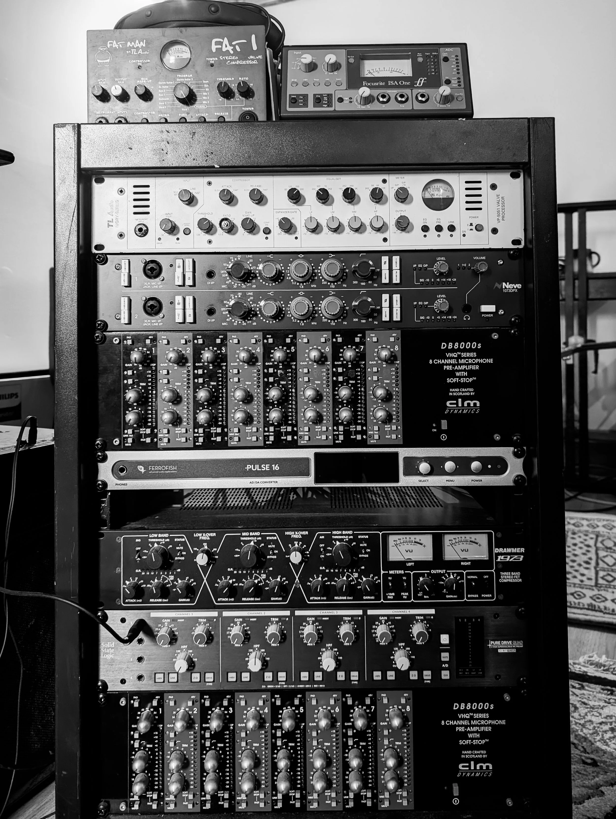 A pre-amp rack inside the control room