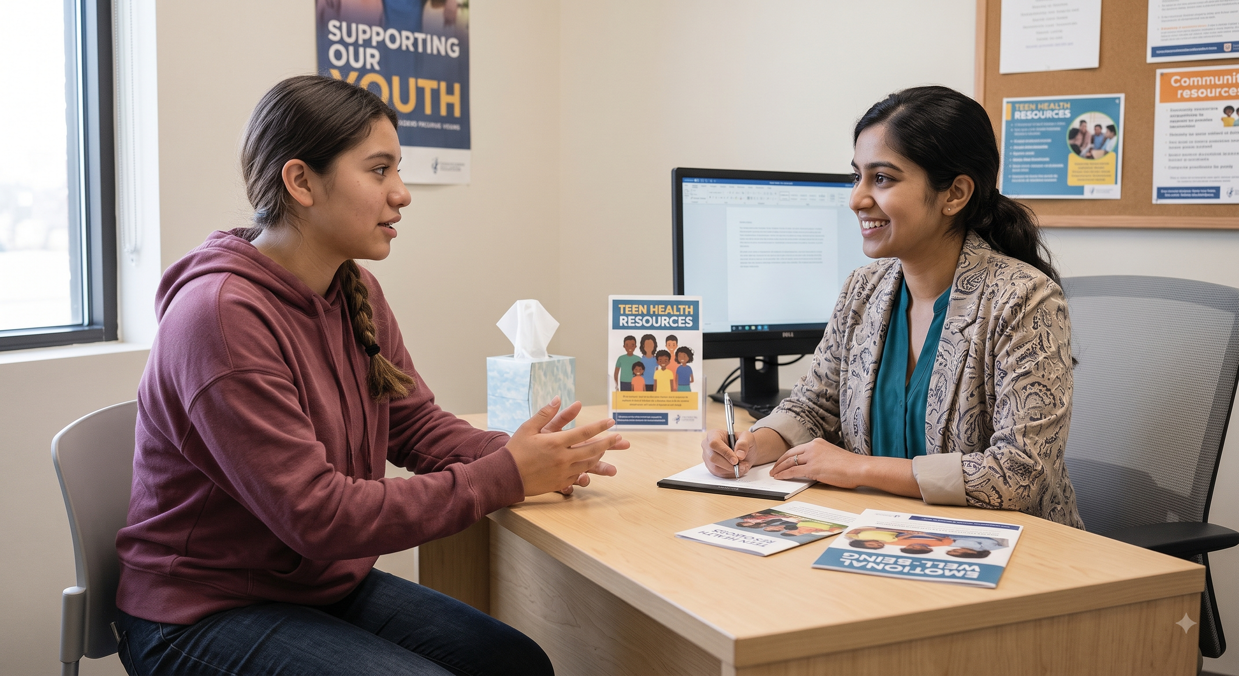 a teen and an adult meeting in an office