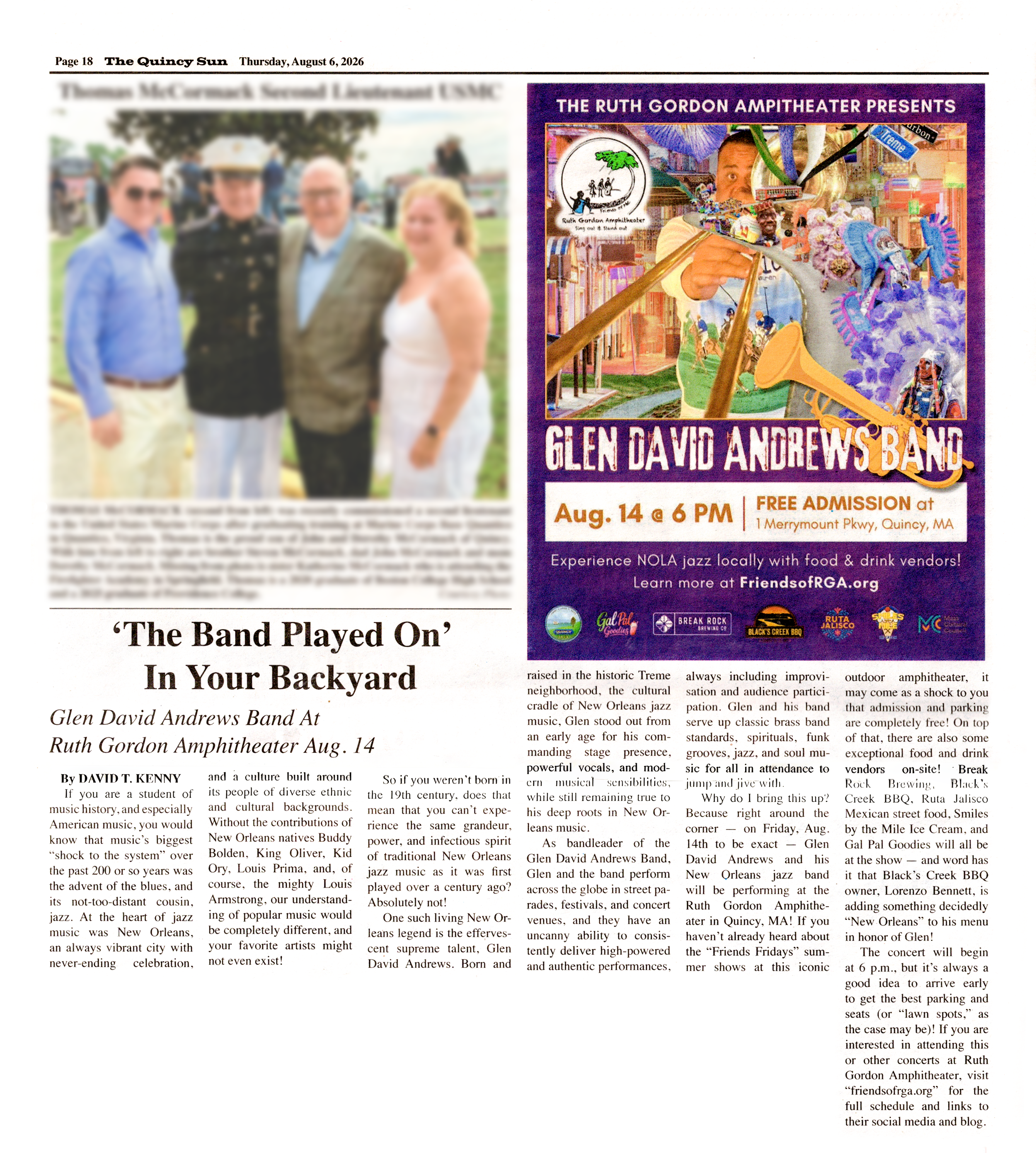 As part of my freelance work, a flyer I created and an article I wrote in promotion of a concert happening at the Ruth Gordon Amphitheater was featured in the Quincy Sun newspaper! (08/06/2026)