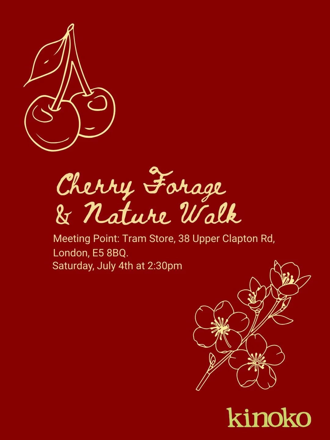🍒Cherry Forage &amp; Nature Walk🍒

Our second session from our nature walk series. Join us for a leisurely walk and cherry forage through Hackney Marshes.

🫶Connection: a chance to meet and connect with others and nature.

🌿Relaxation: Unwind and