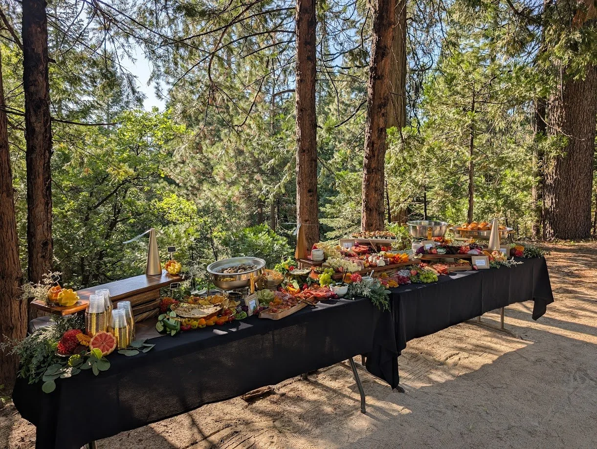 A long buffet table set outdoors in a forest, covered with a black tablecloth, filled with various food dishes, fresh fruits, and drinks, surrounded by tall trees.