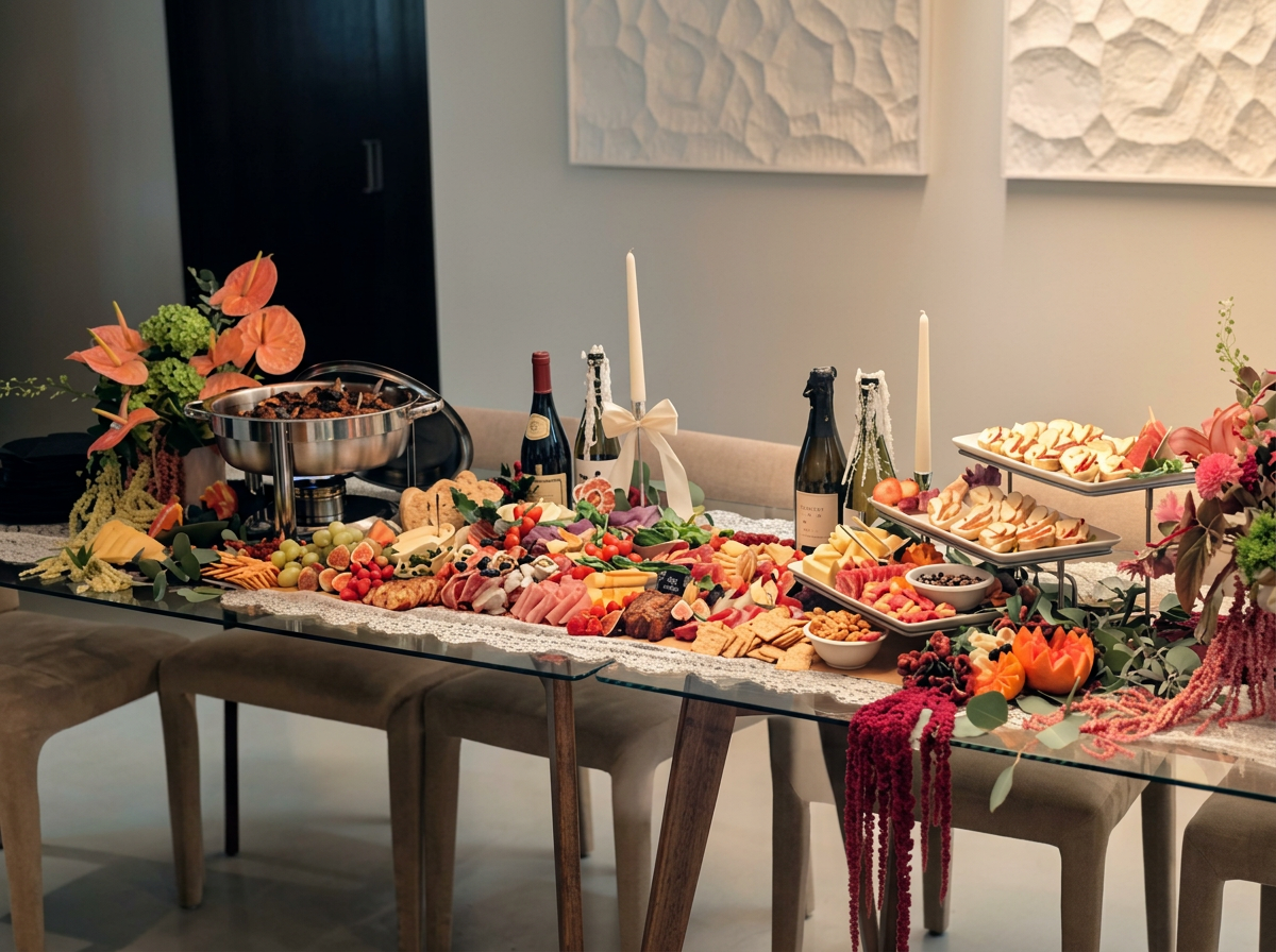 A buffet table with an assortment of cheeses, fruits, crackers, meats, snacks, and desserts, decorated with flowers, candles, and champagne bottles.