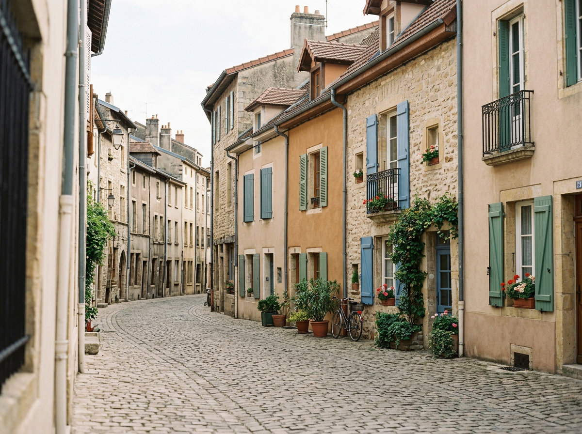 A quaint cobblestone street lined with colorful European-style buildings with shutters, flower boxes, and small balconies. French street