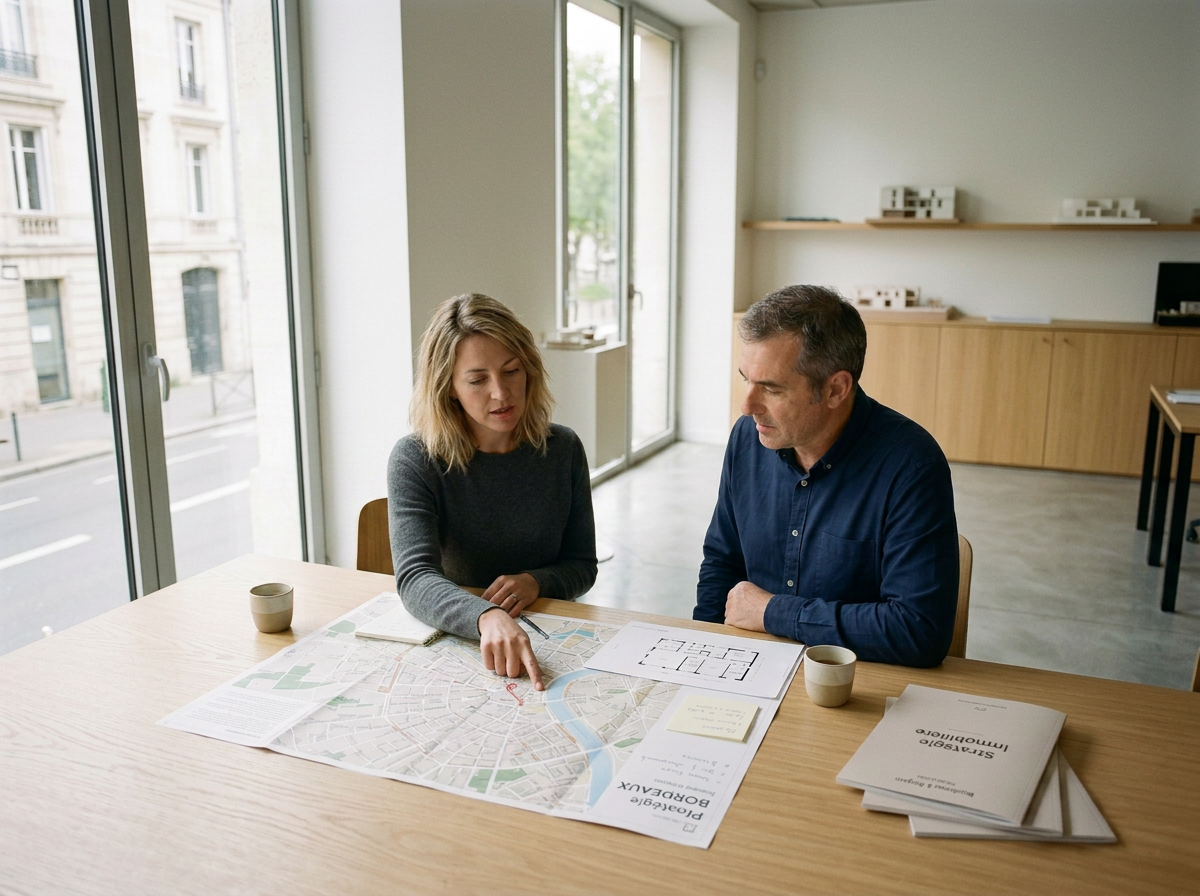 A woman and a man sitting at a table, looking at a map of Paris. The woman is pointing to a location on the map, and there are two cups and several papers and booklets on the table. The room has large windows with a city street outside.