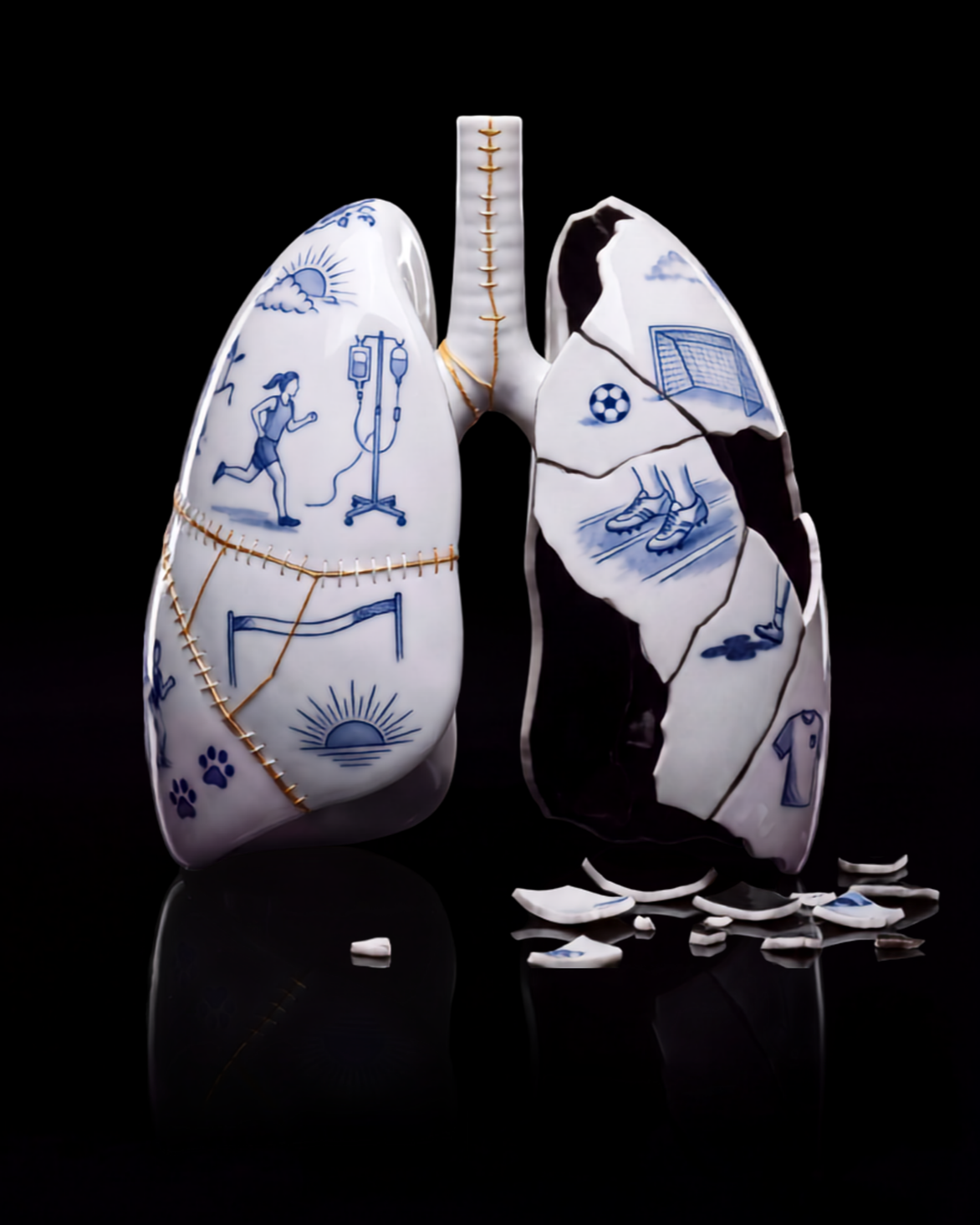 Ceramic piece shaped like human lungs with athletic and health-related illustrations in blue on a white surface, broken with scattered fragments on a black background.