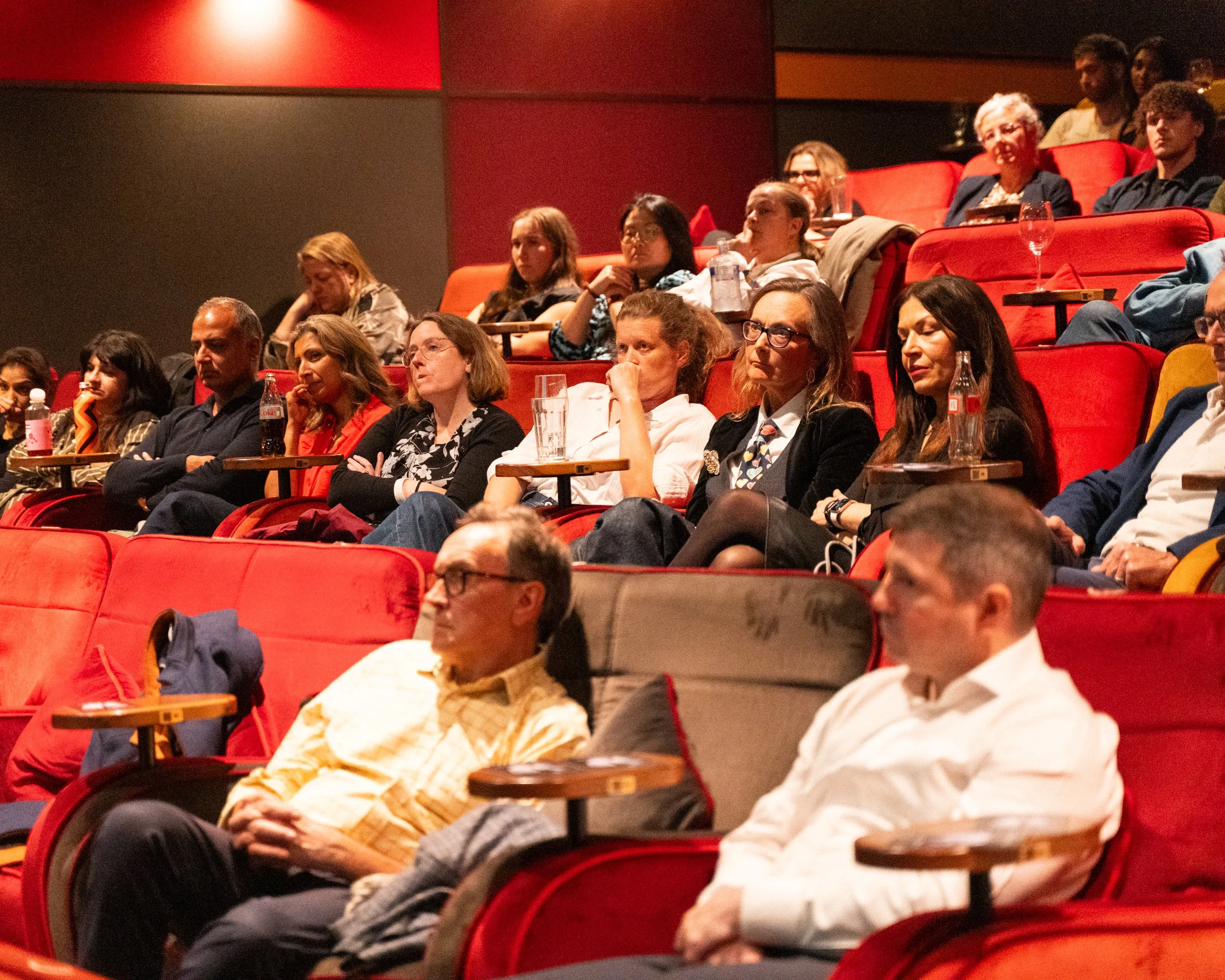Audience seated in red theater chairs watching a presentation in a dark theater.