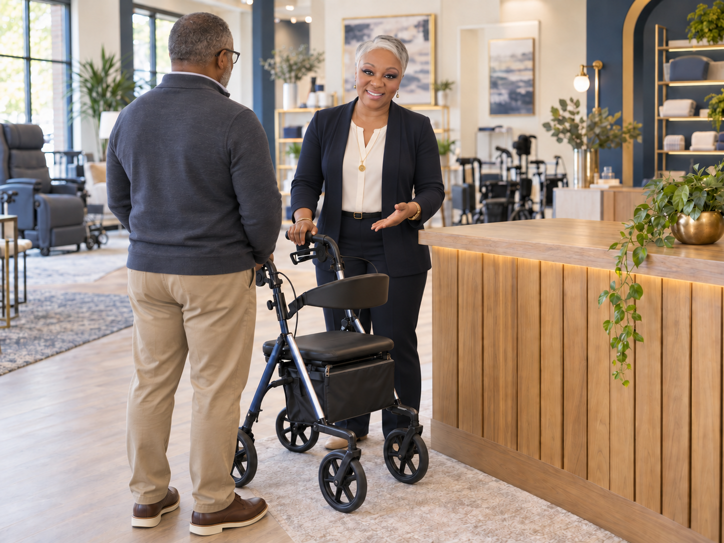 A woman in professional attire talking to an elderly man with a walker in a modern, well-lit lobby with furniture and decorative plants.