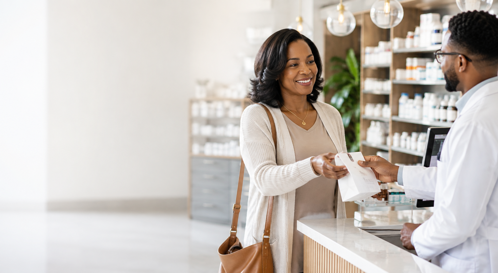 A woman with a brown purse receiving a receipt from a male healthcare professional at a pharmacy counter.