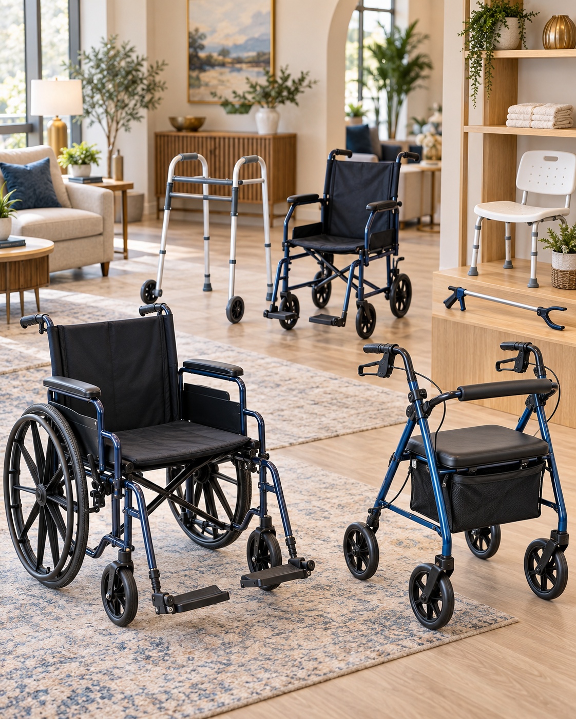 An indoor room with multiple wheelchairs, walkers, and rolling stools arranged on a rug and wooden floor, decorated with plants and artwork.