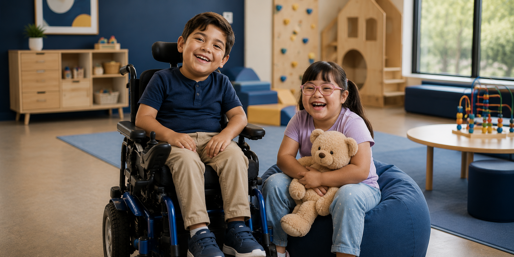 Two children, a boy in a wheelchair and a girl sitting on a blue bean bag, smiling in a colorful playroom with toys and a large window.