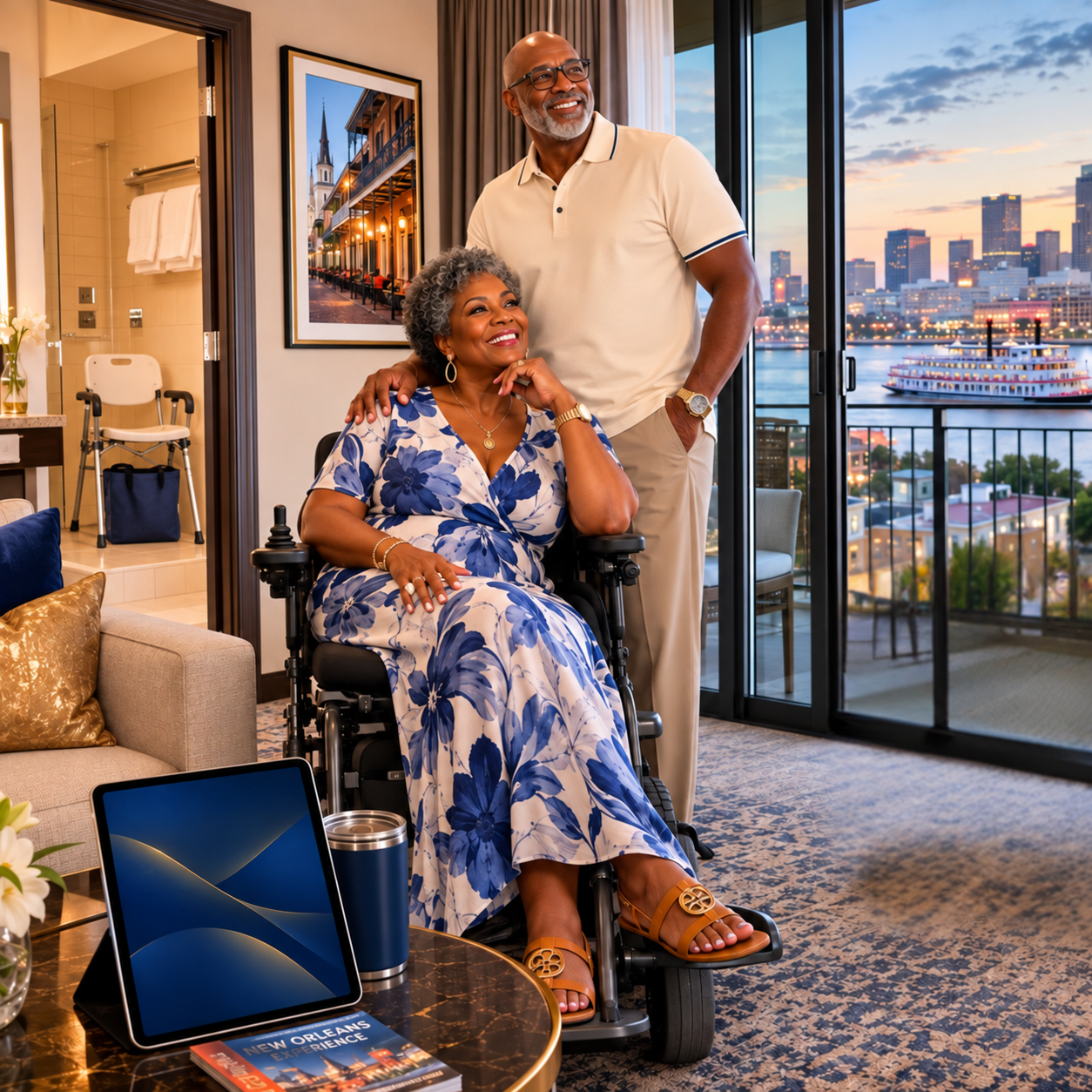 A cheerful older woman in a wheelchair smiling with her hand on her chin, wearing a blue and white floral dress, sitting in a modern apartment with a city view, accompanied by a man standing beside her with his hand on her shoulder and smiling. The room has a sliding glass door opening to a balcony overlooking a city skyline and a river with a boat. A tablet, a travel brochure, and a tumbler are on a nearby table.