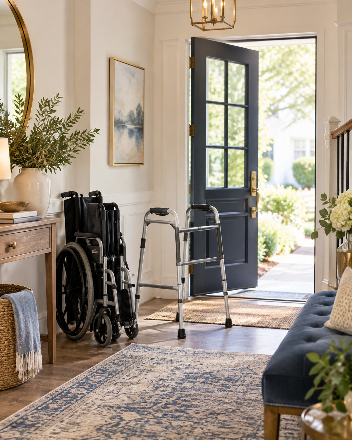 Entryway with open black door, wheelchair, walker, and decorative sofa with pillows, sunlight outside, and house plants.