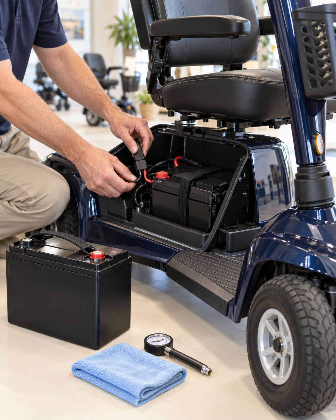 A person is installing or checking the battery of a mobility scooter, with tools and a voltmeter placed on the floor nearby.
