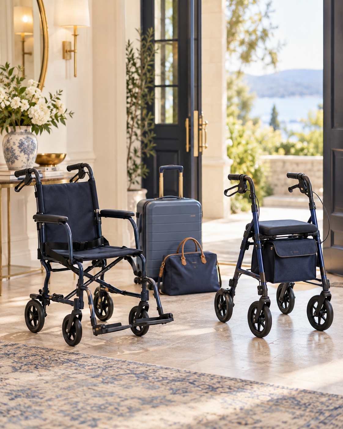Two wheelchairs, a blue rolling suitcase, and a navy handbag in an elegant hotel lobby with open doors revealing an outdoor view of trees and water.